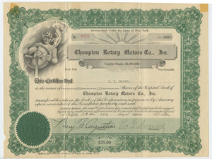 Champion Rotary Motors stock certificate