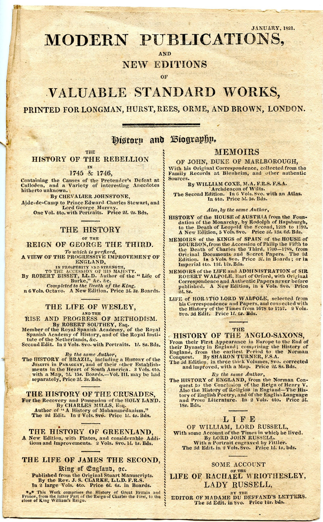Modern Publications and New Editions of Valuable Standard Works, January 1821