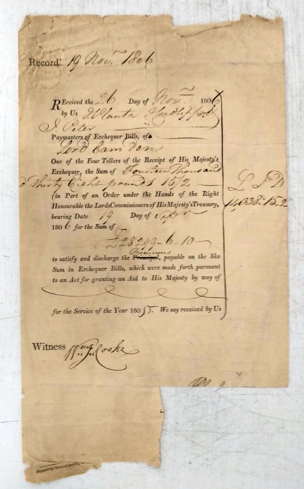 Receipt to Lord Camden
