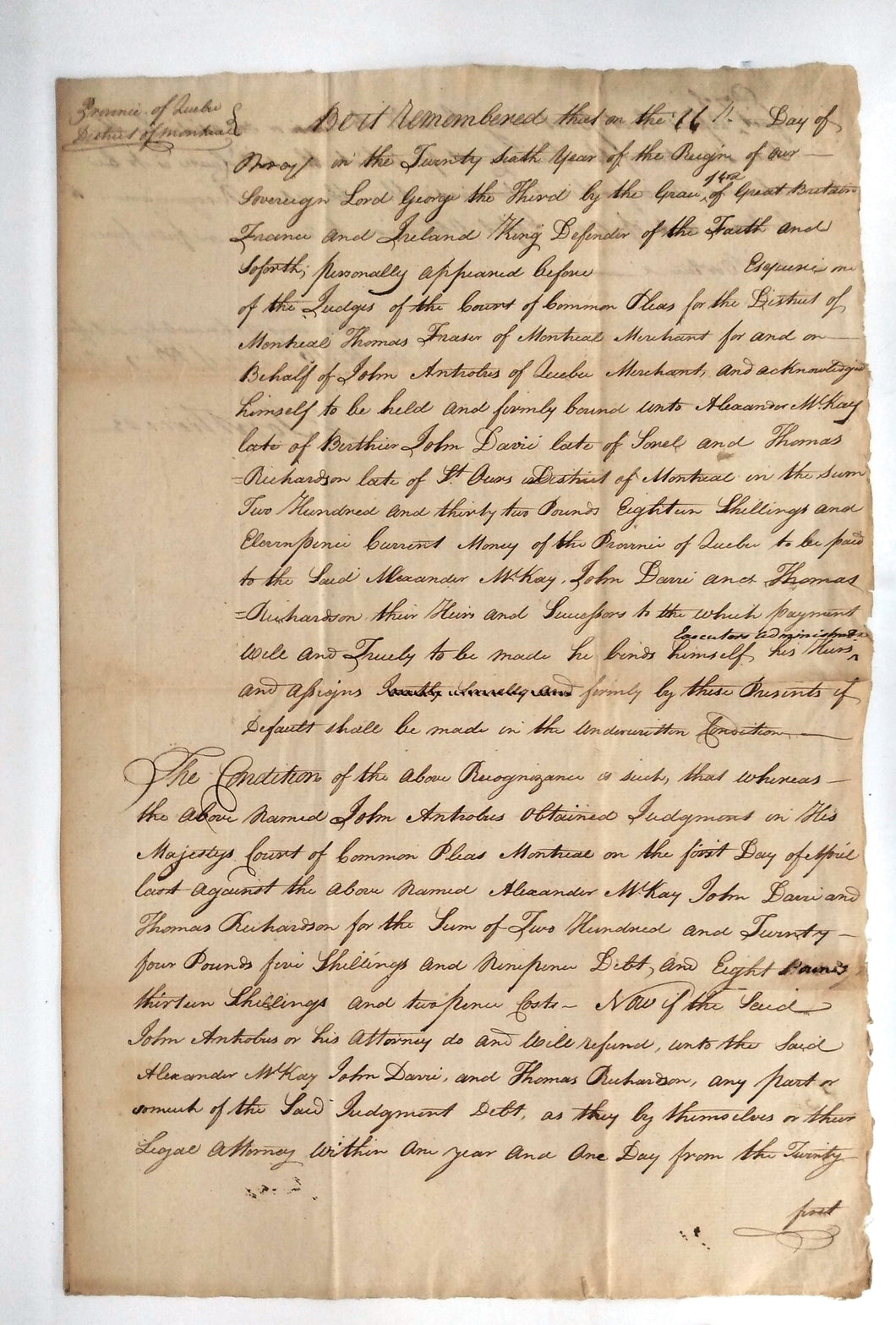 Lawsuit of John Antrobus, plaintiff, vs. Alexander McKay, John Davy, and Thomas Richardson, defendants over sale of land in Berthier, Quebec