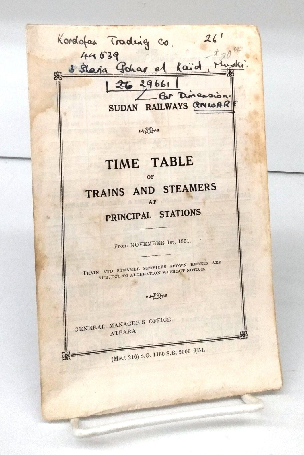 Sudan Railways Time Table of Trains and Steamers at Principal Stations