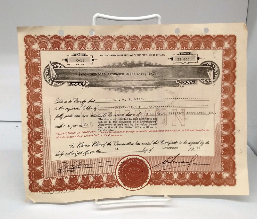 Photochemical Research Associates stock certificate