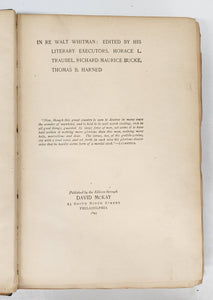 In Re Walt Whitman: Edited by His Literary Executors, Horace L. Traubel, Richard Maurice Bucke, Thomas B. Harned