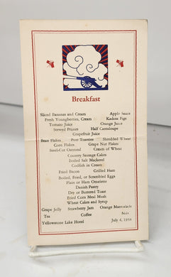 Yellowstone Lake Hotel breakfast menu
