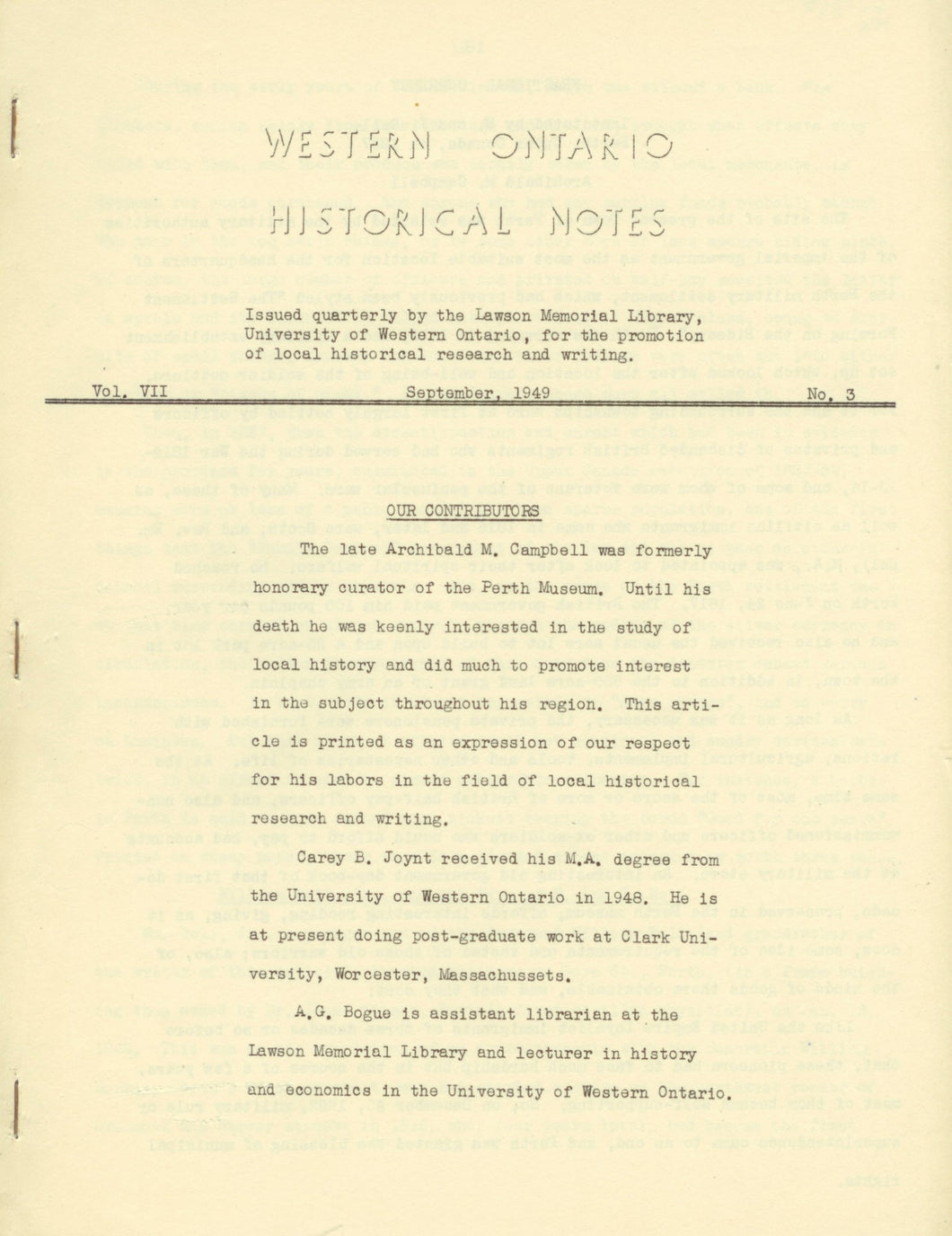 Western Ontario Historical Notes September 1949