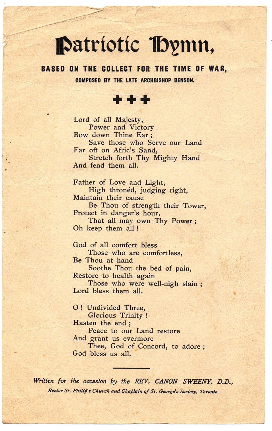 Patriotic Hymn, Based on the Collect for the Time of War, Composed by the Late Archbishop Benson