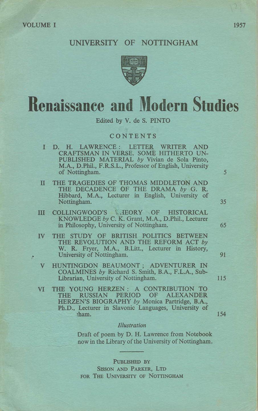 Renaissance and Modern Studies Vol. 1 1957