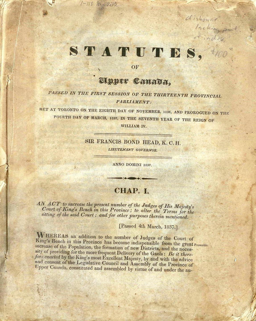 Statutes, of Upper Canada, Passed in the First Session of the Thirteenth Provincial Parliament   