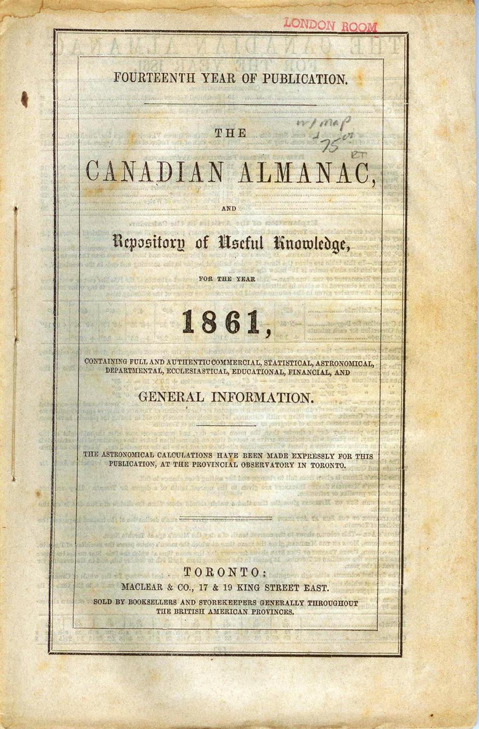 The Canadian Almanac, and Repository of Useful Knowledge for the year 1861