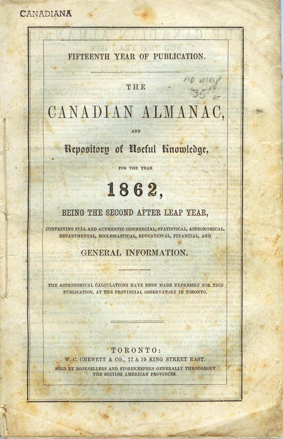 The Canadian Almanac, and Repository of Useful Knowledge for the year 1862