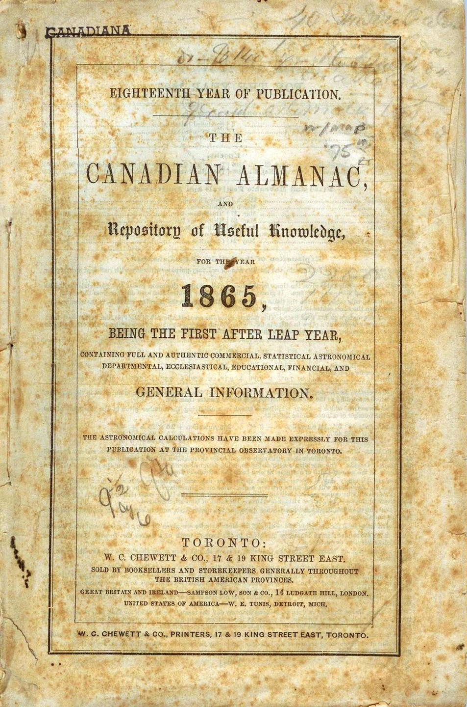 The Canadian Almanac, and Repository of Useful Knowledge for the Year 1865