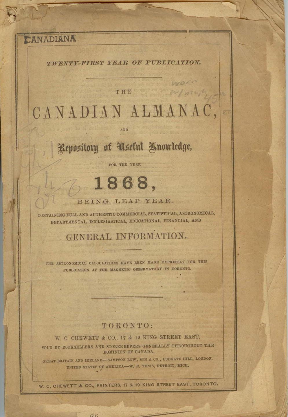 The Canadian Almanac, and Repository of Useful Knowledge for the Year 1868