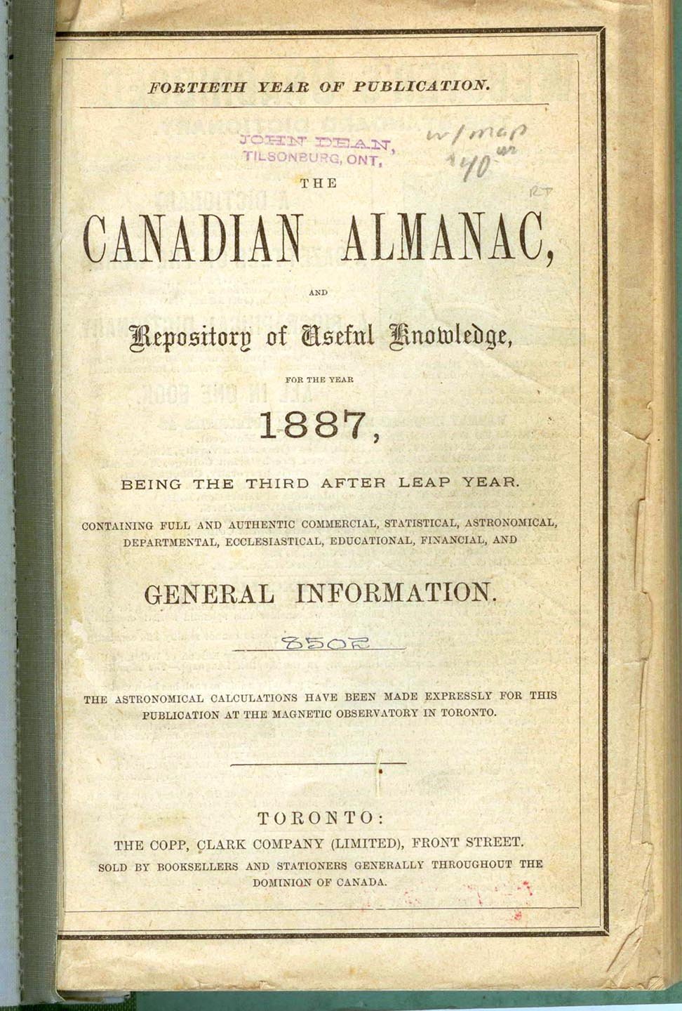 The Canadian Almanac, and Repository of Useful Knowledge for the Year 1887