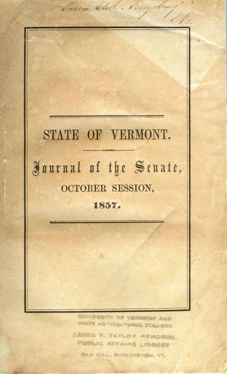 The Journal of the Senate of the State of Vermont, October Session, 1857