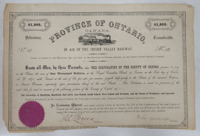 Province of Ontario $1,000 debenture in aid of the Credit Valley Railway