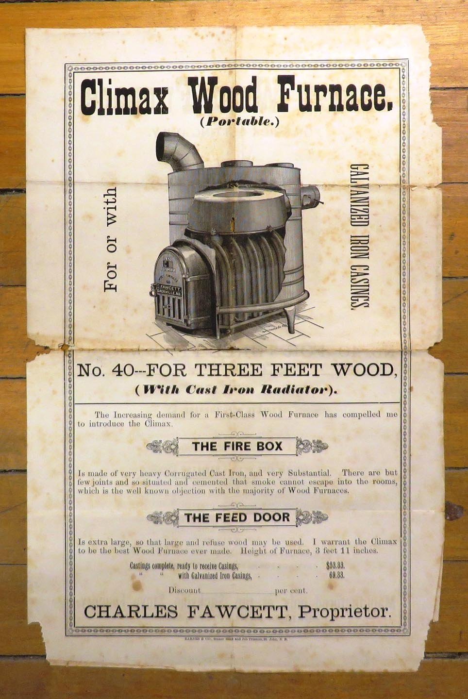 Advertisement for Climax Wood Furnace