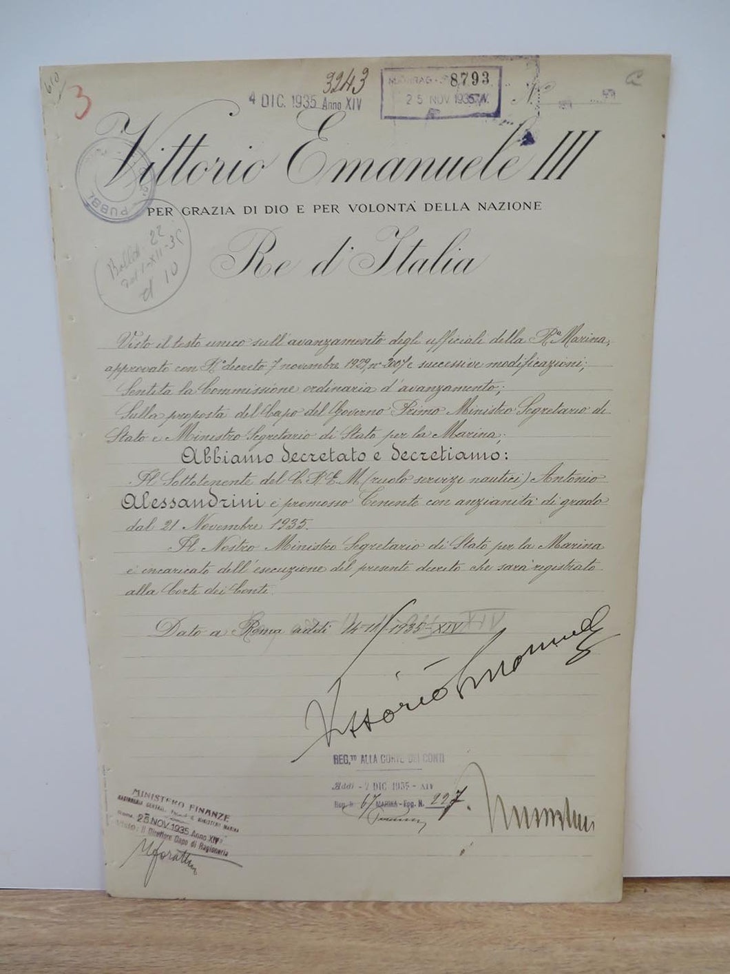Military appointment signed by Benito Mussolini and King Victor Emmanuel III of Italy
