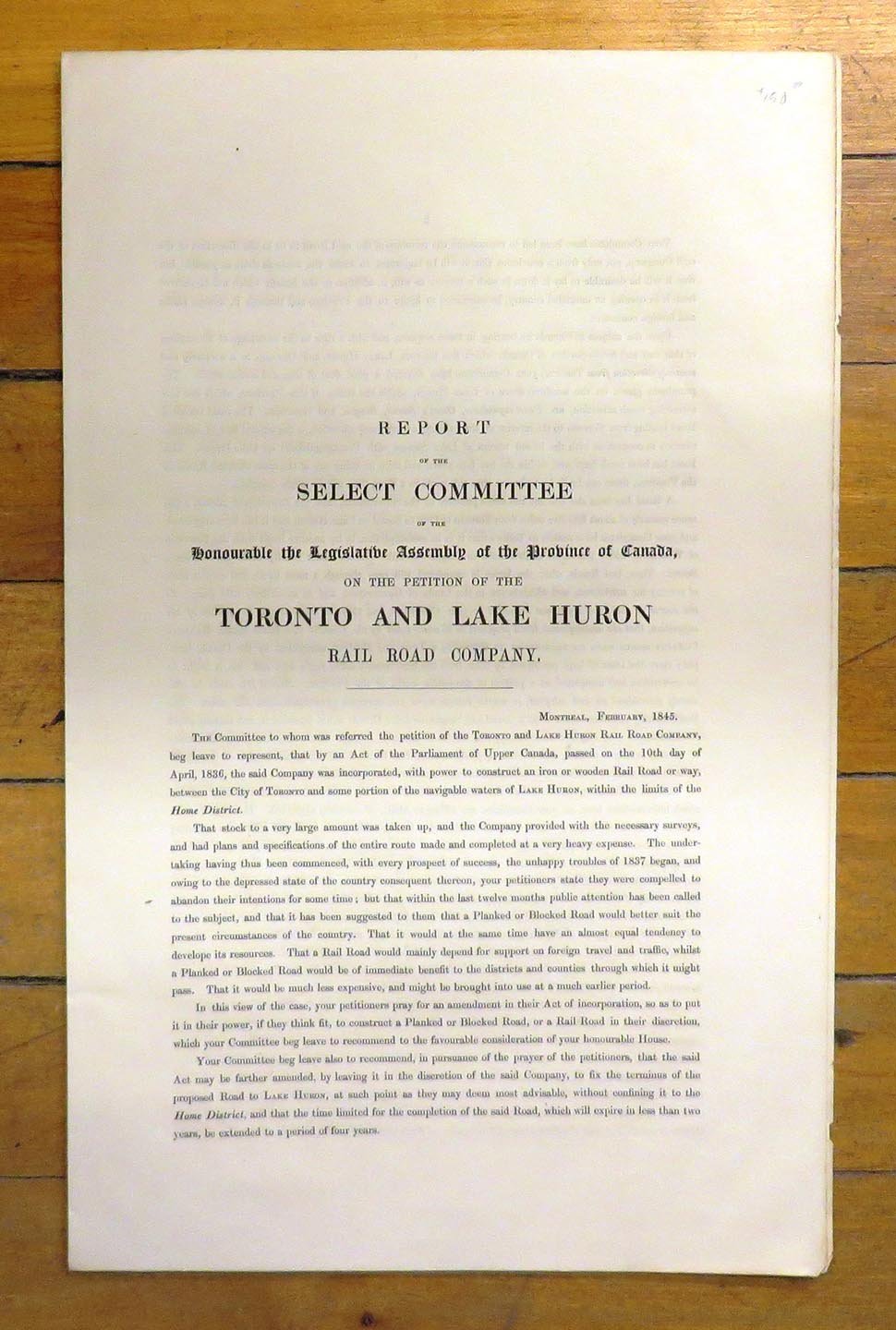 Report of the Select Committee of the Honourable the Legislative Assembly of the Province of Canada, on the petition of the Toronto and Lake Huron Rail Road Company