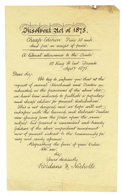 Advertisement for Cheap Edition of Insolvent Act of 1875