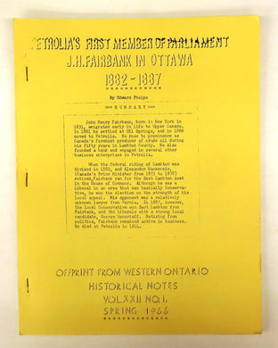 Petrolia's First Member of Parliament: J. H. Fairbank in Ottawa 1882-1887