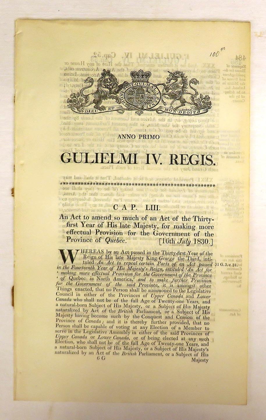 An Act to amend so much of an Act of the thirty-first year of His late Majesty, for making more effectual Provision for the Government of the Province of Quebec