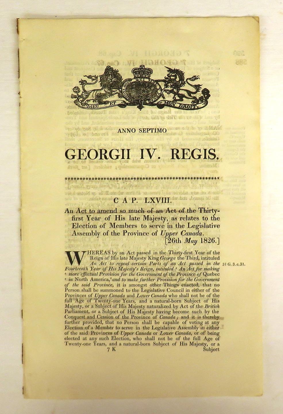 An Act to amend so much of an Act of the thirty-first Year of His late Majesty, as relates to the Election of Members to serve in the Legislative Assembly of the Province of Upper Canada