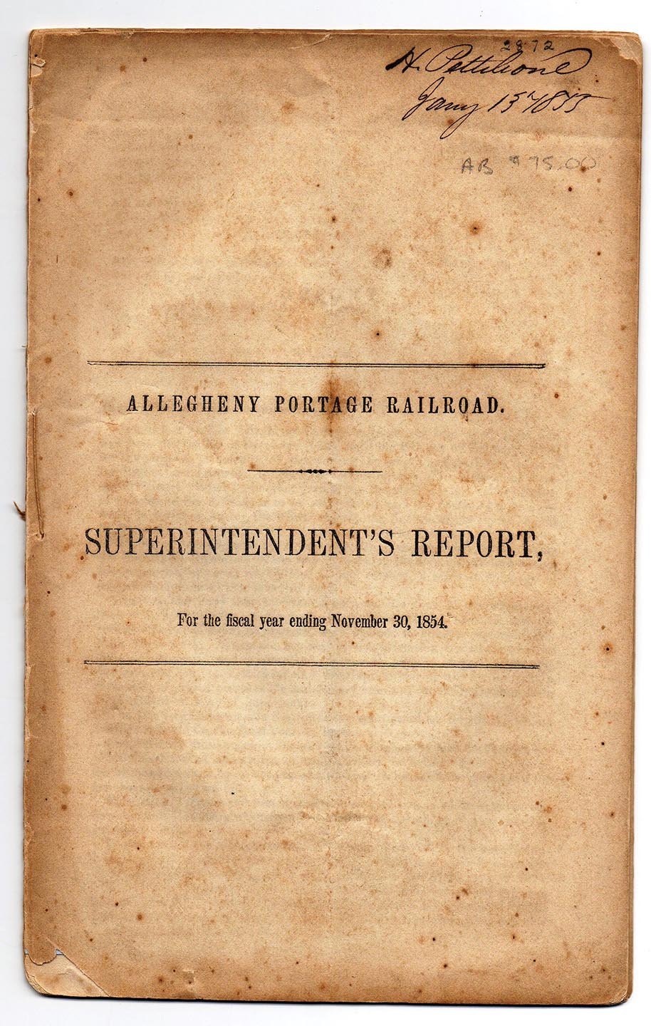 Allegheny Portage Railroad Superintendent's Report, 1854