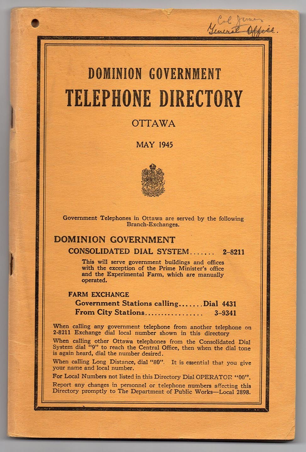 Dominion Government Telephone Directory, May  1945