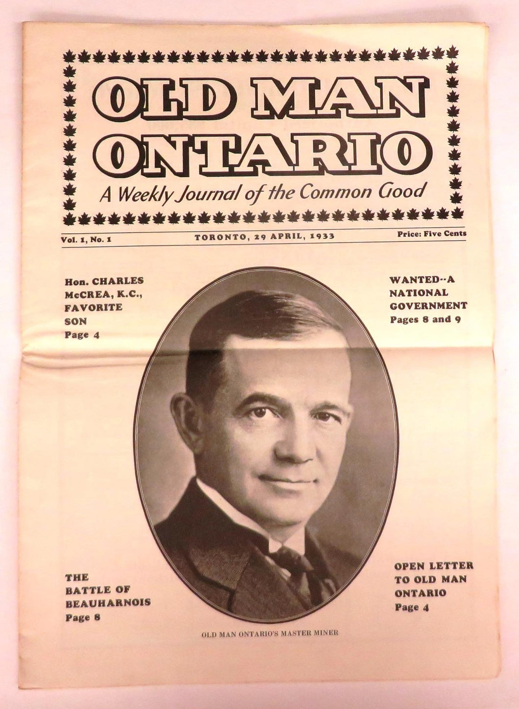 Old Man Ontario: A Weekly Journal of the Common Good, April 29, 1933