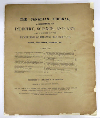 The Canadian Journal, A Repertory of Industry, Science, and Art; and a Record of the Proceedings of the Canadian Institute. Toronto, Upper Canada, September, 1855