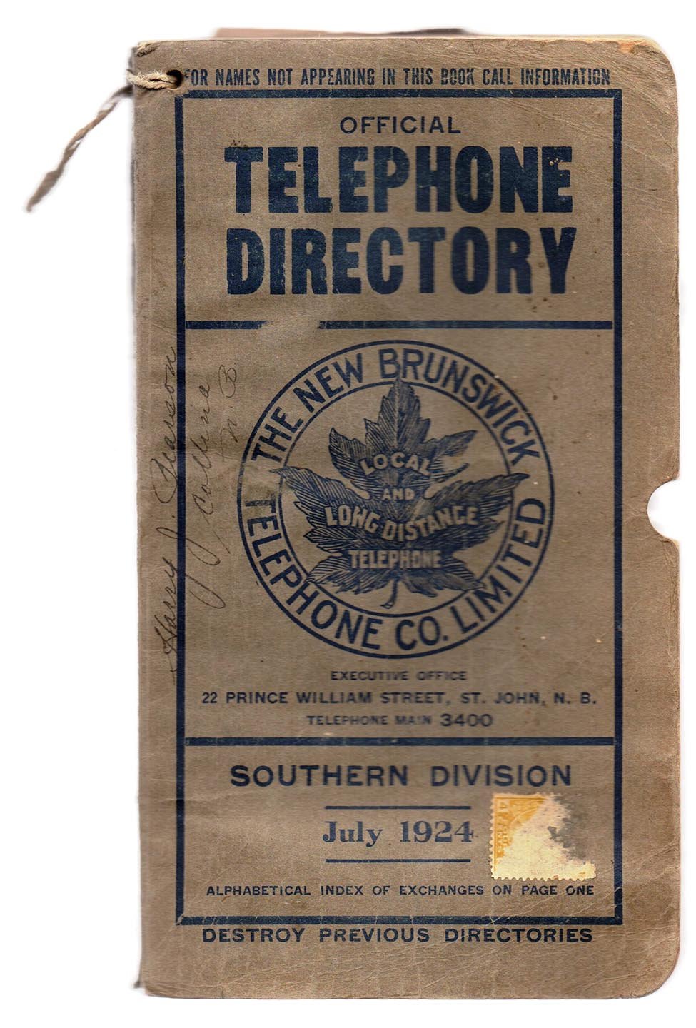 Official Telephone Directory, New Brunswick Telephone Co., Southern Division, July 1924
