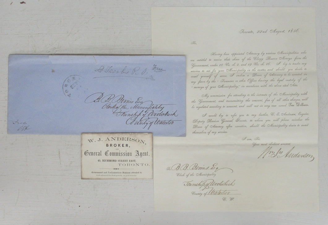 Letter to Benjamin B. Bemis, Woolwich Township Clerk, from William James Anderson, Broker, Toronto