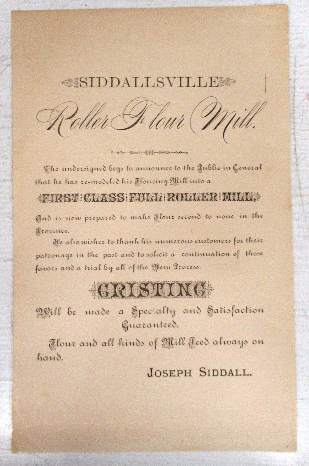 Siddallsville Roller Flour Mill advertisement
