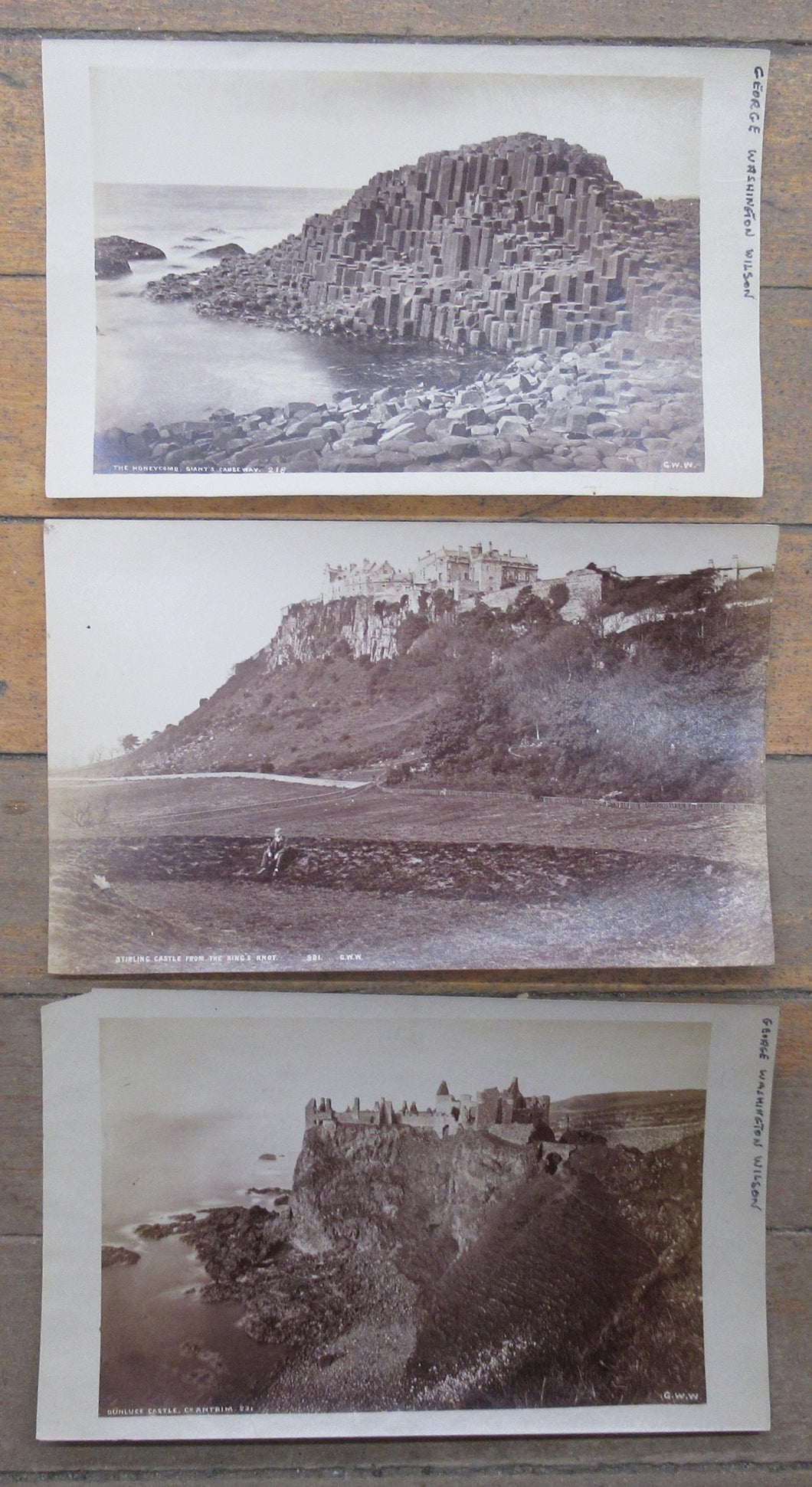 Three photoprints: Stirling Castle, Dunluce Castle, Giant's Causeway