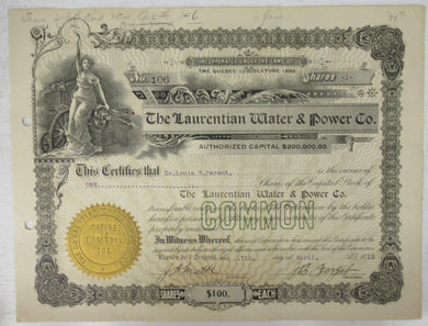 Stock certificate of The Laurentian Water & Power Co.