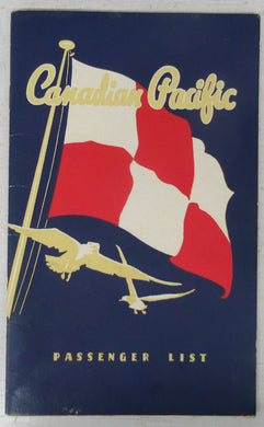 Empress of Canada Passenger List, From Liverpool Tuesday, October 2nd, 1951 to Quebec and Montreal