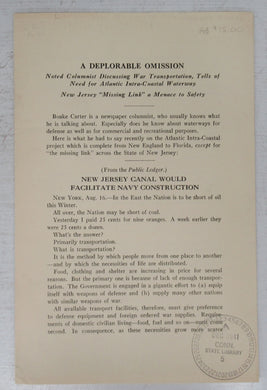 A Deplorable Omission: Noted Columnist Discussing War Transportation, Tells of Need for Atlantic Intra-Coastal Waterway. New Jersey 