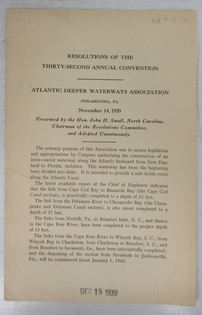 Resolutions of the Thirty-Second Annual Convention, Atlantic Deeper Waterways Association, Philadelphia, PA. November 14, 1939