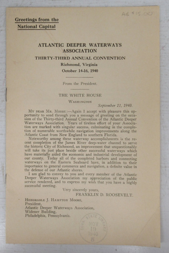 Atlantic Deeper Waterways Association Thirty-third Annual Convention, Richmond, VA. October 14-16, 1940