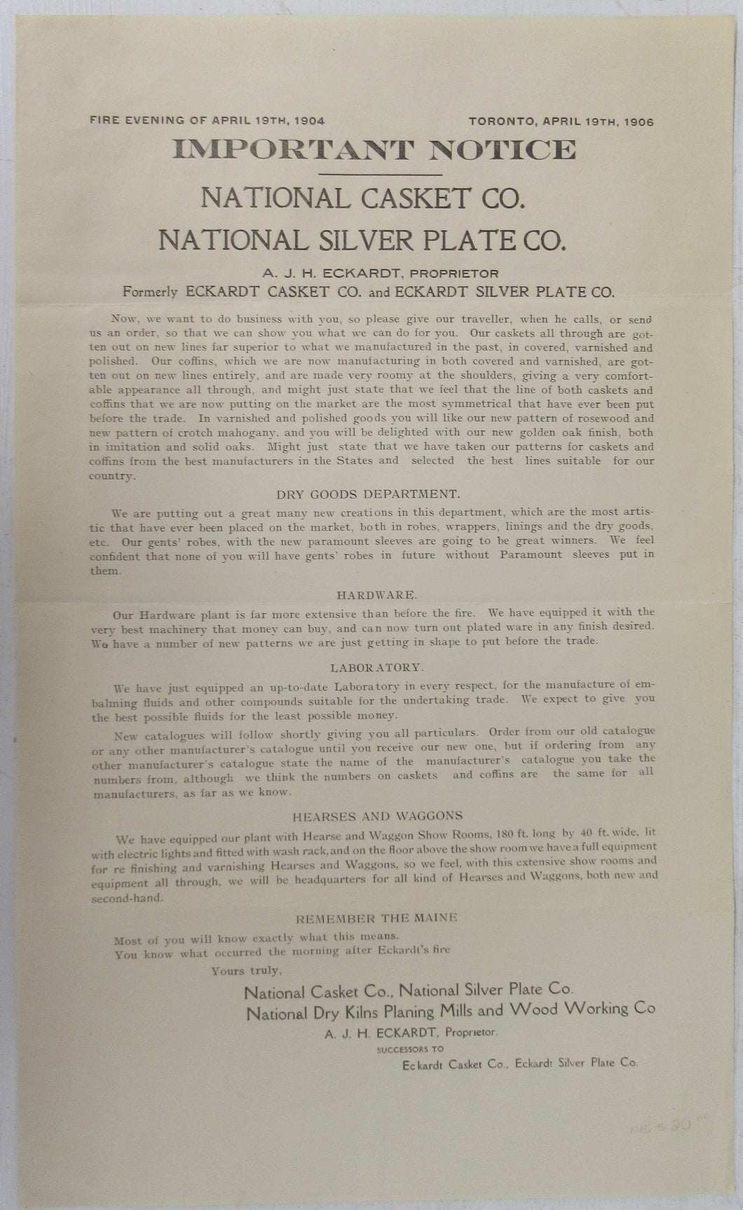 Important Notice. National Casket Co., National Silver Plate Co., National Dry Kilns Planing Mills and Wood Working Co.