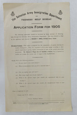 The Salvation Army Immigration Department and Farmers' Help Bureau Application Form for 1905