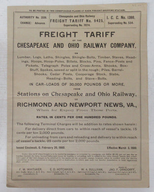 Freight Tariff of the Chesapeake and Ohio Railway Company