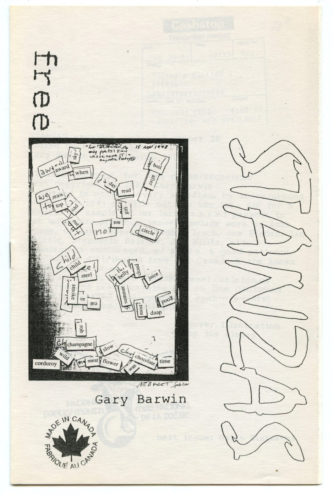 Stanzas Magazine, Gary Barwin issue, March 2001