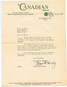 Letter to J. V. McAree of Mail & Empire newspaper, Toronto