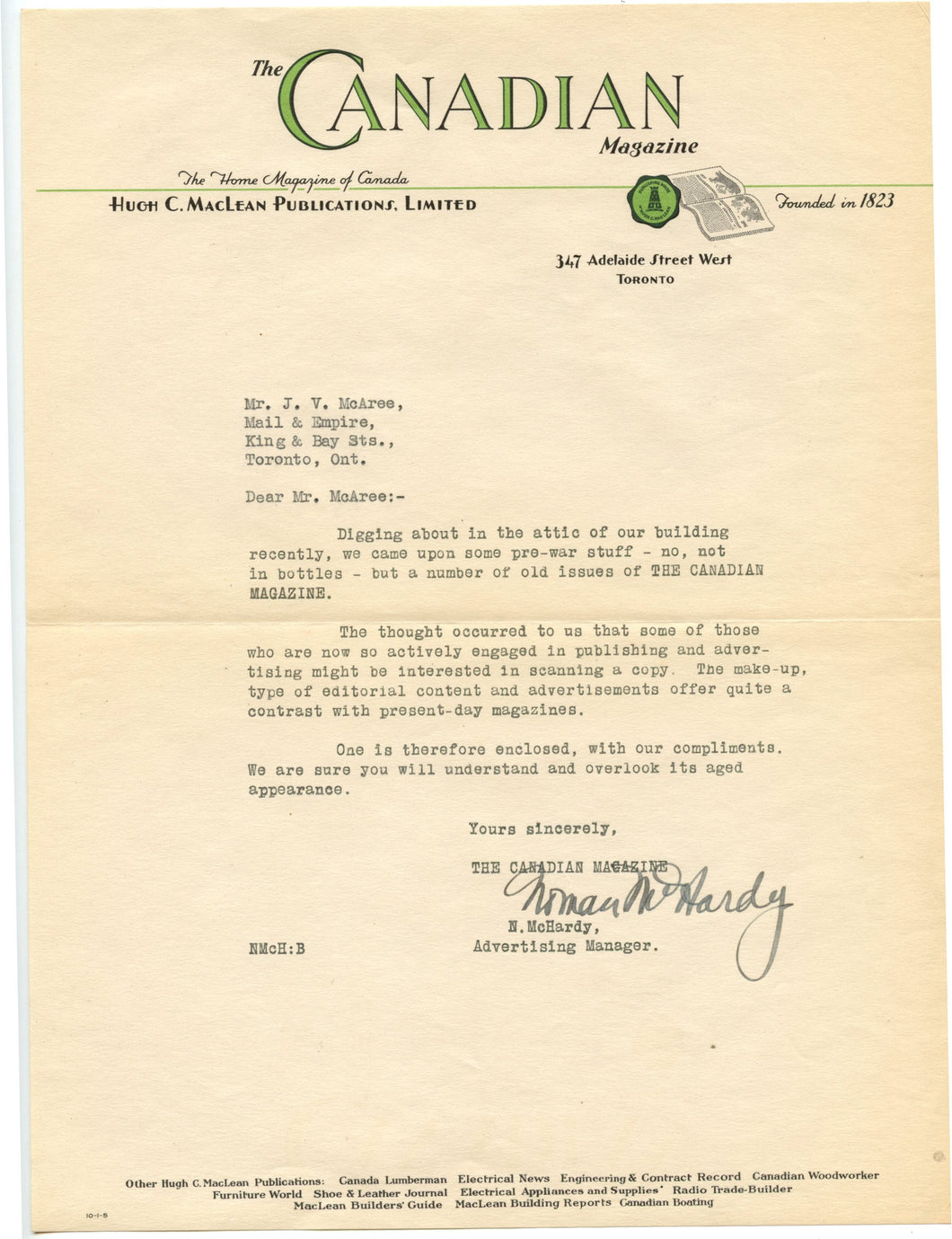 Letter to J. V. McAree of Mail & Empire newspaper, Toronto