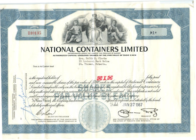 National Containers Limited stock certificates