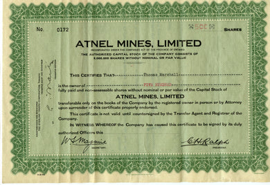 Atnel Mines stock certificate