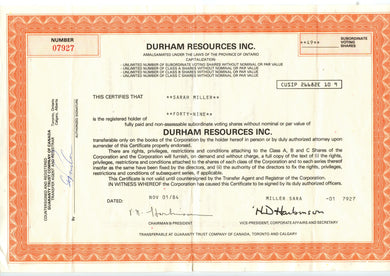 Durham Resources stock certificate