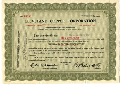Cleveland Copper stock certificate