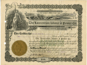 The Laurentian Water & Power Co. stock certificate